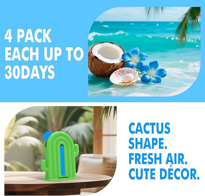 Air Freshener for Home, 2 Pack, 2 Refill, Ocean Scent, Odor Eliminator, Up to 120 Days, Cactus-shaped Freshener for Closet Bathroom, Cute Home Decor, White and Green
