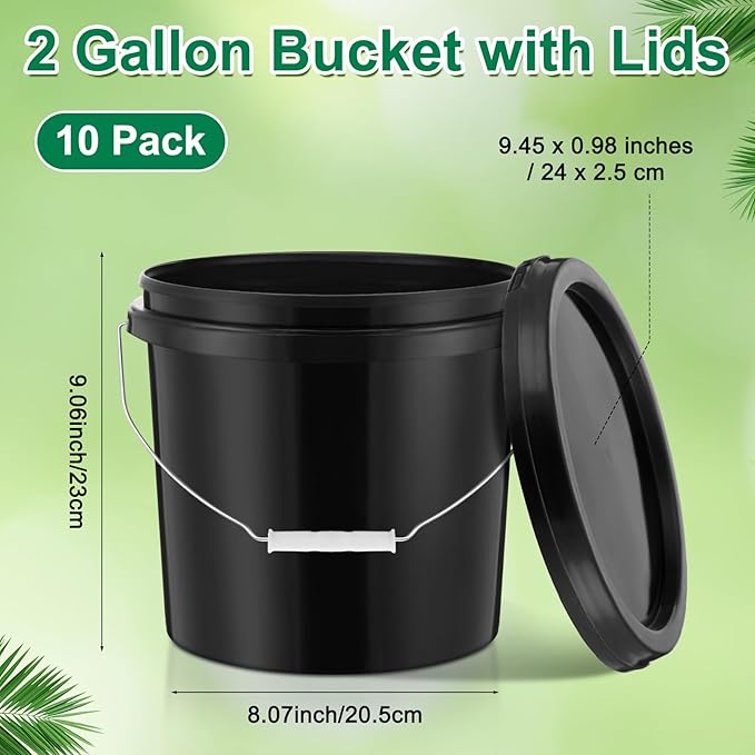 Tioncy 10 Pcs 2 Gallon Plastic Bucket with Lid Heavy Duty 2 Gallon Bucket Pail with Lid Handle for Storage Container Home Household Cleaning (Black)