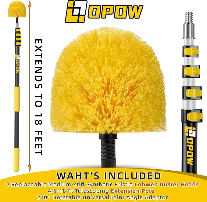 5-to-18 Foot Cobweb Duster with Extension Pole, 25 Ft High Reach and 2 Replaceble Spider Web Brush Heads, Heavy Duty for Indoor & Outdoor Use