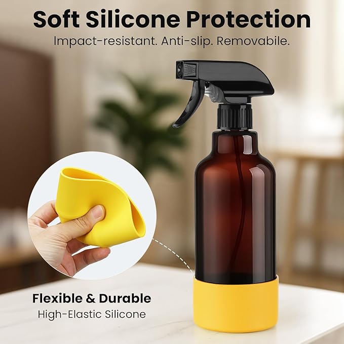 Glass Spray Bottles with Silicone Sleeve 16.9oz 2 Pack Empty Spray Bottle for Hair Mist/Stream Spraying for Cleaning Solutions, Plants, Essential Oils (Brown-green&yellow)
