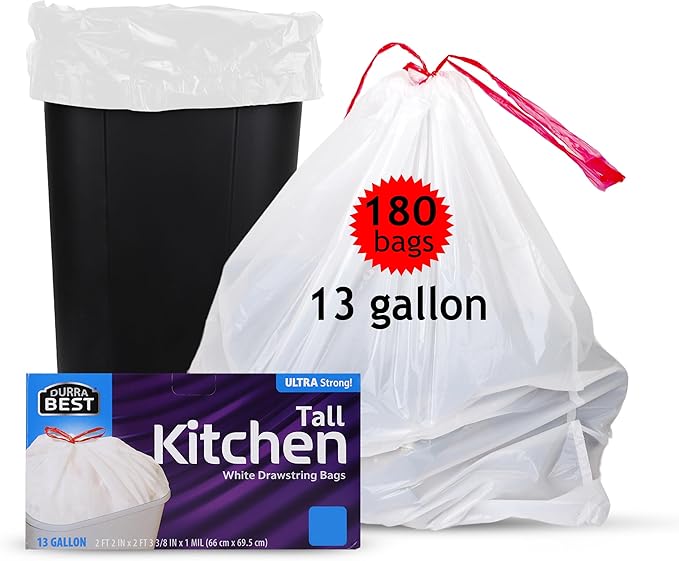 Heavy-Duty 1 Mil 13 Gallon White Trash Bags (180 Count) - Drawstring, Leak-Resistant for Home & Commercial Use