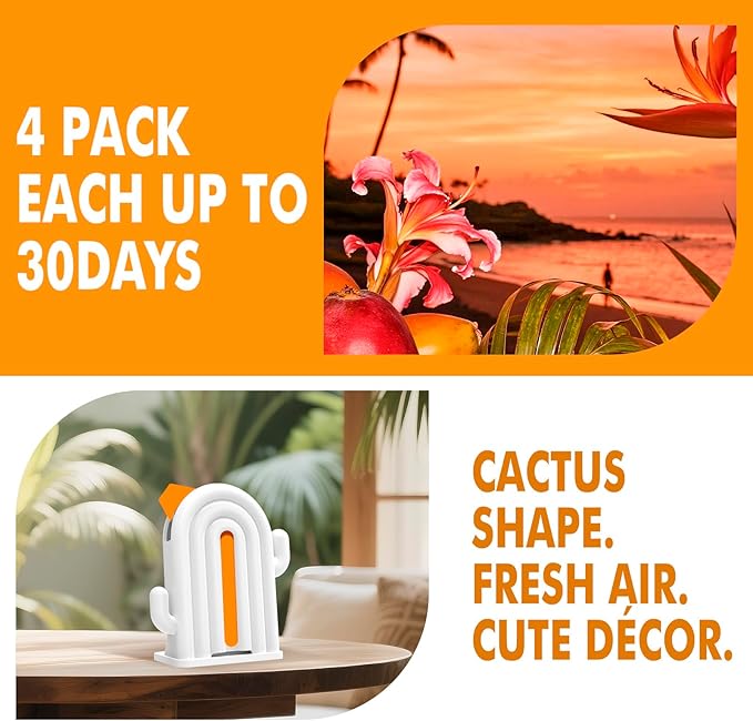 Air Freshener for Home, 2 Pack, 2 Refill, Hawaiian Scent, Odor Eliminator, Up to 120 Days, Cactus-shaped Freshener for Closet Bathroom, Cute Home Decor, White
