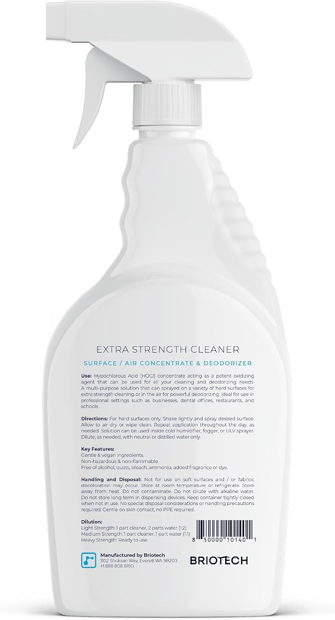 BRIOTECH Extra Strength HOCl Cleaner, 500 PPM Hypochlorous Acid Concentrate, ULV Foggers & Humidifiers, Professional Deodorizer for Dental, Offices, Schools, Homes, Peroxide Free, 32 fl oz (2 Pack)