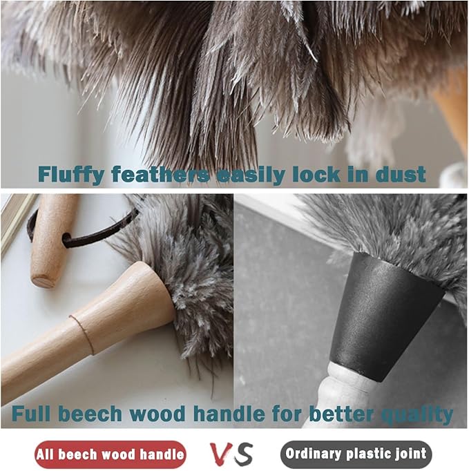Feather Duster, Feather Dusters for Cleaning Ddzmz Fluffy Natural Genuine Ostrich Feathers with Wooden Handle Reusable Handheld Ostrich Feather Duster Cleaning Supplies, Gray and Brown(Length 16")