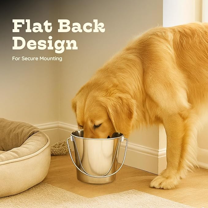 6 Quart Stainless Steel Flat Side Bucket | Durable Heavy Duty Food & Water Feeding Pails for Dog Cat Goat Sheep | Fits kennels Cages Critter Crates Hanging Pet Pail | Multipurpose Buckets