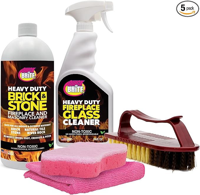 Quick N Brite Fireplace Cleaning Kit – Includes 24 oz Fireplace Glass Cleaner, 32 oz Gel Fireplace Cleaner, Scrub Brush, Sponge and Microfiber Towel