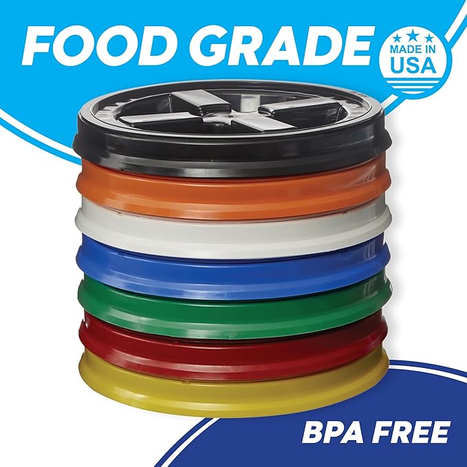 Gamma Seal Lids for 3.5, 5, 6 and 7 Gallon Buckets – Combo of 7 colors – Food Grade BPA Free Reusable Lids, Made in USA