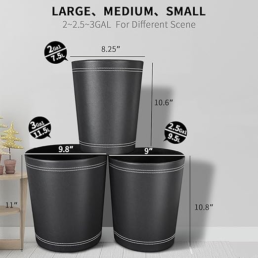 3 Pack Black Round PU Leather Wastebasket,Trash Basket,Small Trash Can Wastepaper Baskets Garbage Can Container Bins for Bathrooms,Home Decorative,Offices,Kids Rooms,Bedroom (Black)
