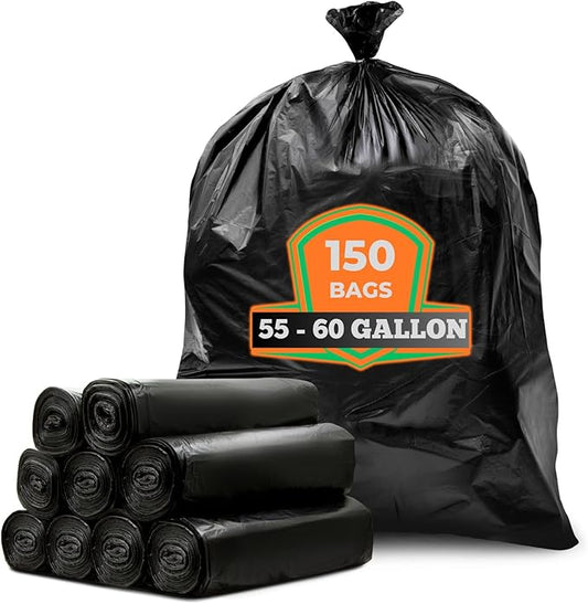 Veska 55 Gallon Trash Bags, 55-60 Gallon Trash Bags Heavy Duty (MegaValue Pack 150 COUNT) - Large Black Garbage Bags, 50-60 Gallon Garbage Bags for Commercial and Lawn