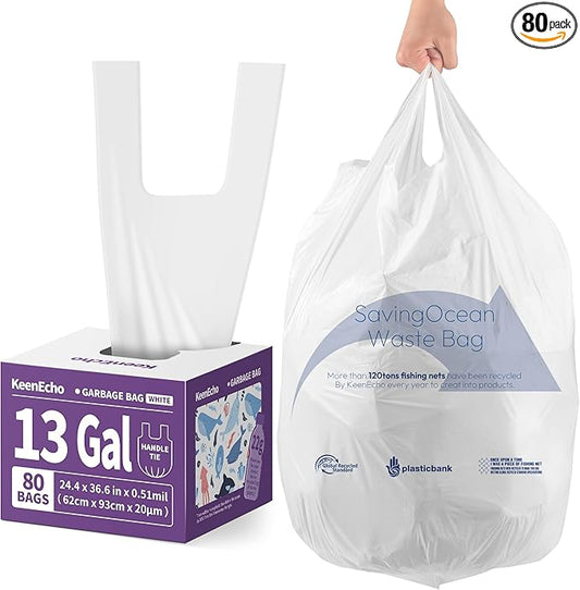 Small Trash Bags with Handles 13 Gallon 80 Count White - Ocean Plastic Upcycling - Plastic Garbage Bags, Can Bin & Waste Basket Liner for Kitchen, Bathroom, Office and Pets