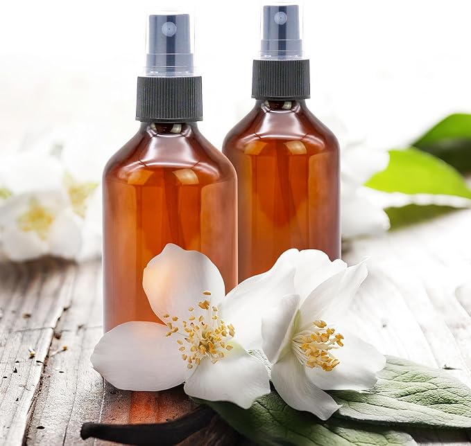 TRENDBOX 24 Pack 3.4oz Amber Spray Bottles, Small Fine Mist Mister Plastic Travel Bottles, Empty Bottles Set for Essential Oils Hair