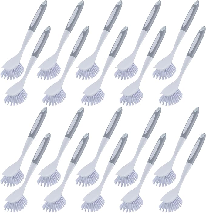 Hsei 20 Pcs Gray Kitchen Scrub Dish Brush Bulk with 11 Inch Handle Cleaning Dish Scrubber with Stiff Bristles Washing Scrub Brushes for Housekeeping for Pots and Pans, Kitchen Sink