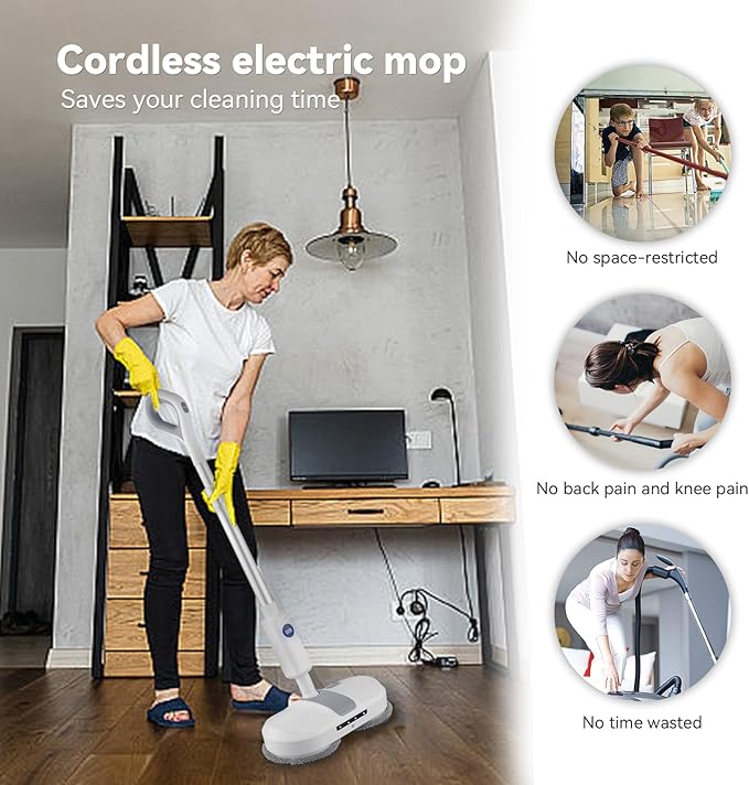 Cordless Electric Mop, Dual Motor Powerful Spin, Cordless Mop with LED Headlight/Water Sprayer, 250ML Large Water Tank Spin, Quiet Cleaning & Waxing-Suitable for Multi-layer Floors