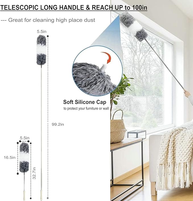 Microfiber Duster Kit High Reach Ceiling Fan Duster with Extendable Pole 100" Telescoping Cobweb Duster for Cleaning, Bendable Head Washable Duster for Ceiling, Fan, Furniture