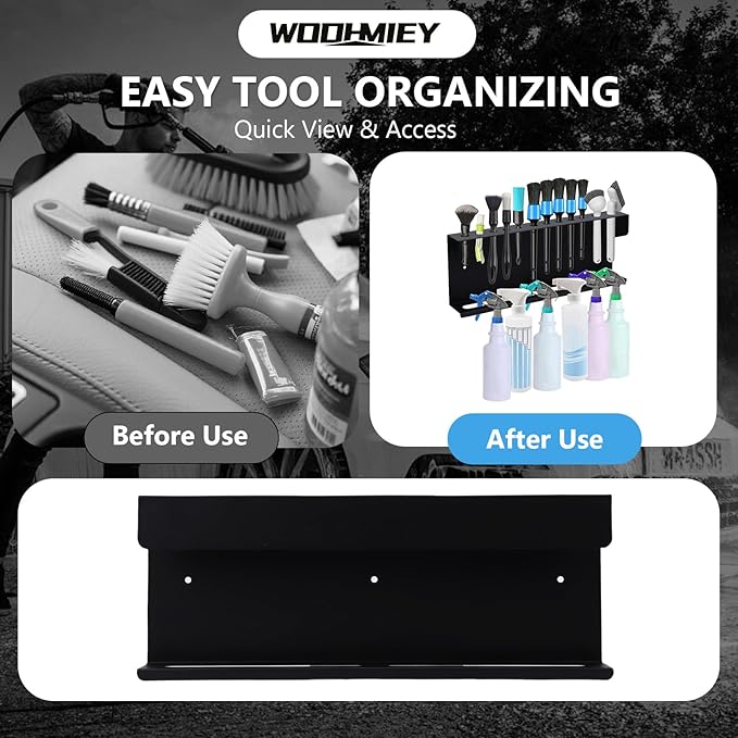 Wall Mounted Spray Bottle Holder and Detailing Brush Rack, Car Detailing Organizer with 12 Brush Slots and 2 Spray Bottle Holders, Garage Wall Organizer Tool Storage Rack for Auto Detailing