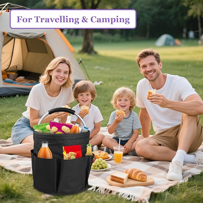 2Pcs Collapsible Cleaning Caddy with Handle, 17L Foldable Cleaning Supply Caddy, Bucket Tool Organizer in 600D Oxford Fabric, Multifunctional Storage Basket for Cleaning, Traveling, Black