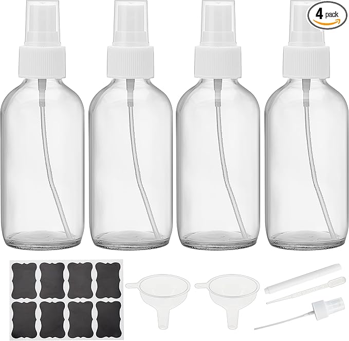 Clear Glass Spray Bottles 4 oz, Small Empty Spray Bottles for Essential Oils, Fine Mist for Face, Hair, Plants, Travel, Perfumes, Cleaning Solutions - 4 Pack