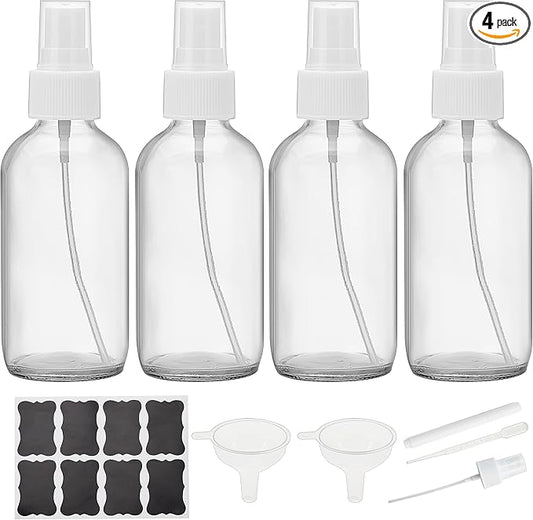 Clear Glass Spray Bottles 4 oz, Small Empty Spray Bottles for Essential Oils, Fine Mist for Face, Hair, Plants, Travel, Perfumes, Cleaning Solutions - 4 Pack