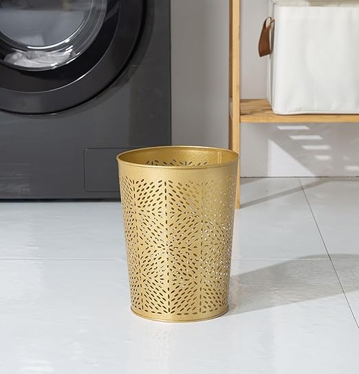 Small Gold Metal Trash Can Wastebasket, Decorative Hollow-Out Garbage Can Waste Paper Bin, Modern Farmhouse Round Trash Bin for Bathroom, Bedroom, Kitchen and Office (Floral)