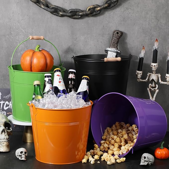 12 Pcs Large Galvanized Metal Buckets with Handle 10 Inch Heavy Duty Stainless Steel Pails Round Pail for Party Wedding, Crafts, Utensils, Table Centerpieces (Halloween Color)