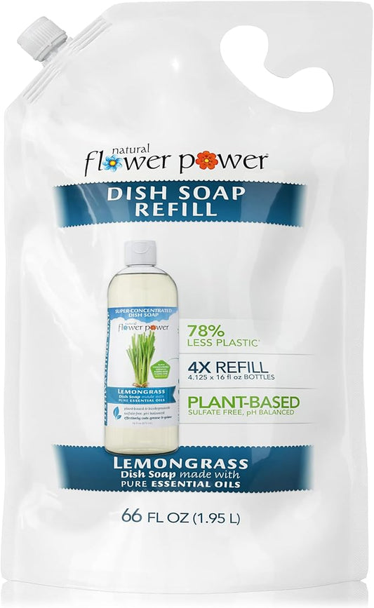 Natural Flower Power Liquid Dish Soap Refill – 66 Fl Oz Refills 4X – Plant-Based & Scented w/Pure Essential Oils – Natural Dishwashing Detergent – Sulfate-Free Kitchen Soap (Lemongrass)