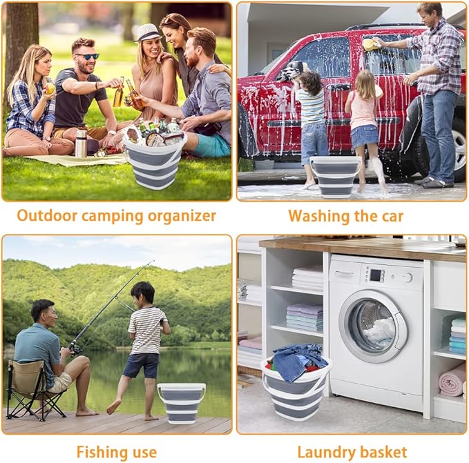 2 Pack Collapsible Bucket, 2.6 Gallon (10L) - Square Foldable Mop Bucket for House Cleaning, Car Washing, Camping - Portable Water Pail for Outdoor, RV, Travel (Grey)