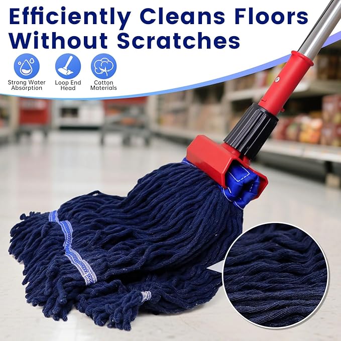 Heavy Duty Commercial Mop with 77inch Long Handle, Looped-End String Wet Mop with 2 Heads for Home, Garage, Office Floor Cleaning (Blue-Orange)