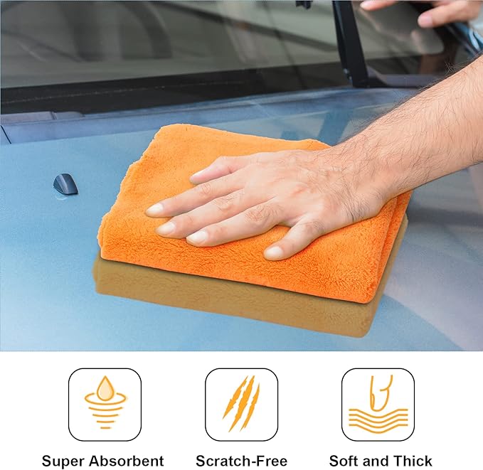 Shimeyao 30 Pcs Edgeless Microfiber Plush Towels for Cars Detailing Drying Wash Polishing Absorbent Cleaning Cloths, 500 GSM, 16 x 16 Inch(16 x 16 Inch,Orange,30 Pcs)