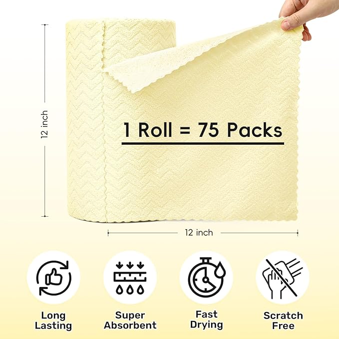 Microfiber Cleaning Cloths Roll, 75 Pack Tear Away Microfiber Towels Roll, 12" x 12" Lint Free Rags, Reusable Cleaning Cloths, Washable, Scratch Free,Ultra Absorbent Dish Rags(Yellow Ripple)