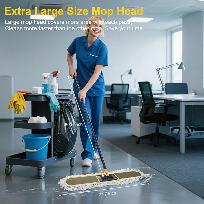 24" Commercial Dust Mops for Floor Cleaning with 2 Replacement Mop Pads, Heavy Duty Large Dust Mop for Hardwood Floors, Industrial Wet Dry Floor Duster for Office Garage Warehouse Factory Mall