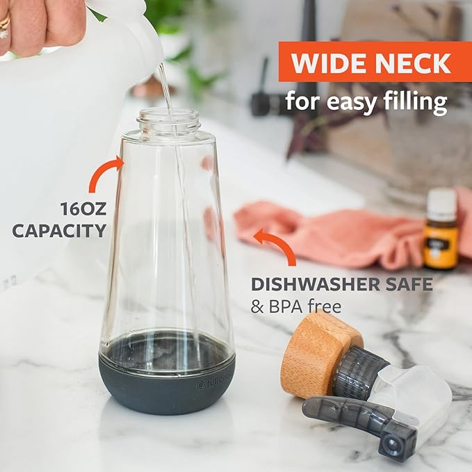 Full Circle Bottle Service-Refillable Glass Spray Bottle for Cleaning -Versatile Stream & Mist Options, Bamboo, Silicone Boot- Ideal for Non-Toxic Solutions & Plant Care, 16oz, Gray