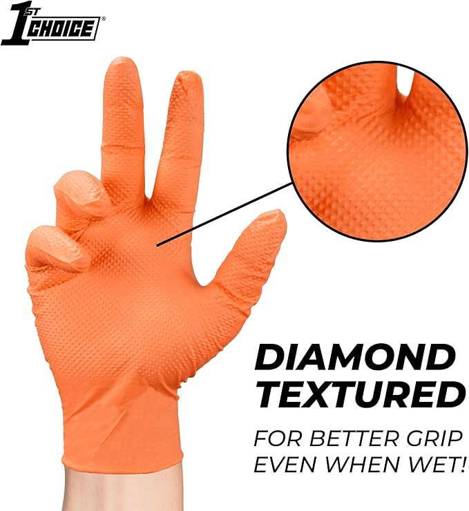 1st Choice 6 mil Orange and Green Nitrile Gloves, Disposable, Latex Free Raised Diamond Grip Mechanic Glove for Men and Women