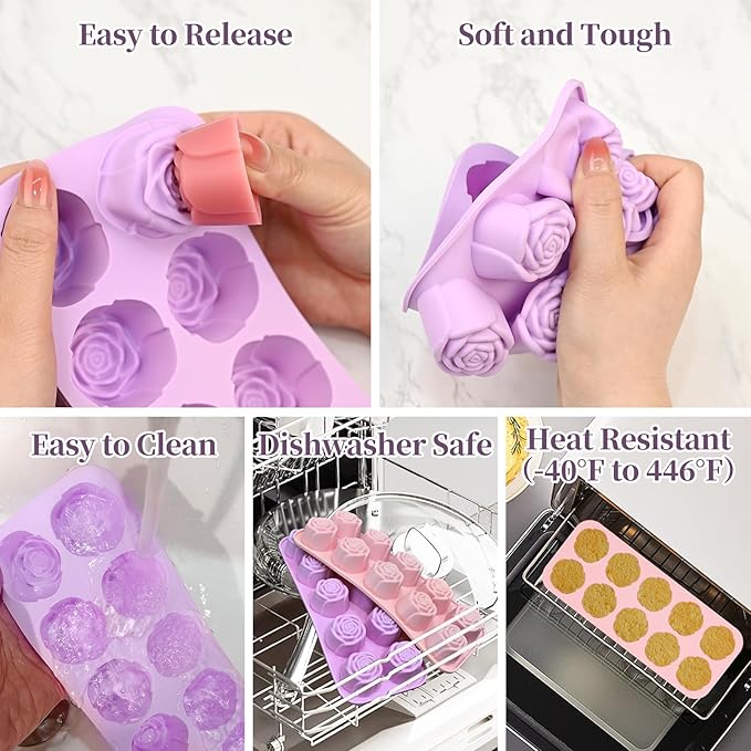 10 Cavity Rose Silicone Mold for Chocolate, Candles, Soap Making, Ice Cube, Heat & Cold Resistant (-40°F to 446°F), 2 Pack Baking Molds with Easy Release & Cleaning