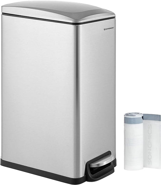 SONGMICS Slim Trash Can, 13-Gallon (50 L) Garbage Can for Narrow Spaces with Soft-Close Lid, Inner Bucket, and Step-on Pedal, Stainless Steel, 15 Trash Bags Included, Silver ULTB510E48