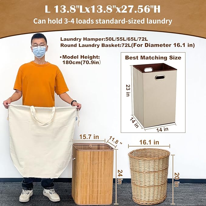 Canvas Laundry Bags with Handles & Square Base13.8"x 13.8", Large Heavy Duty Laundry Basket Hamper Liner, College Dorm Washable Drawstring Cotton Dirty Clothes Bag (Beige,2 Pack)