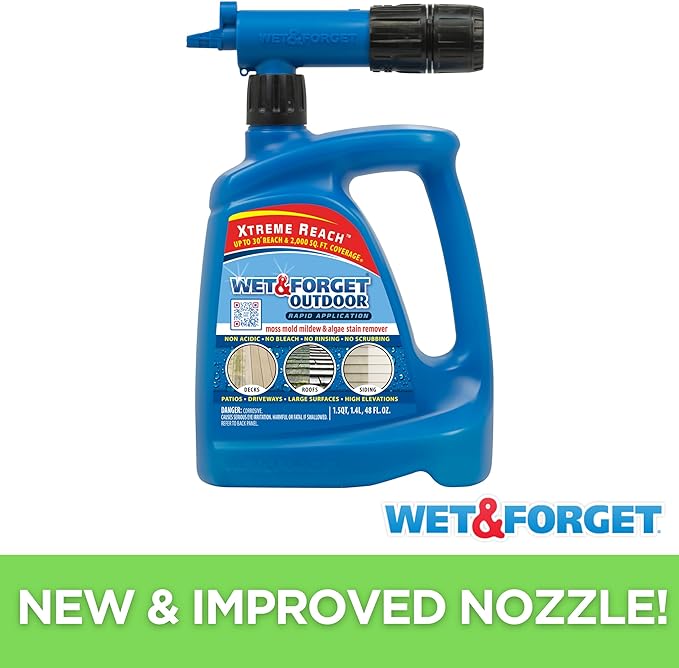 Wet & Forget Outdoor Stain Remover Multi-Surface Cleaner, Xtreme Reach Hose End with New & Improved Nozzle, 48 Fluid Ounces, 1 Pack + Refill