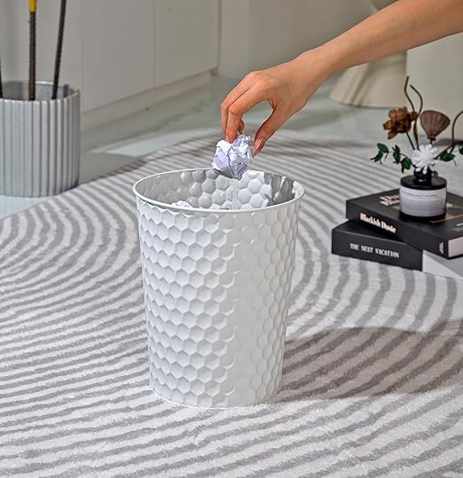 Small Metal Trash Can Wastebasket, Decorative Honeycomb Garbage Can Waste Basket, Modern Farmhouse Round Trash Bin for Bathroom, Bedroom, Kitchen and Office (White)
