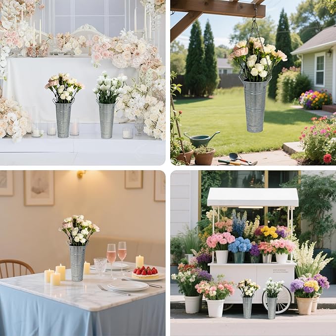 9 Inch Galvanized Metal Vases Farmhouse French Flower Bucket Vases for Cut Flowers, 8 Pcs Farmhouse Decorative Tall Flower Bucket with Handles for Table Weddings Home Decor (Silver, 8 Pcs 9inch)
