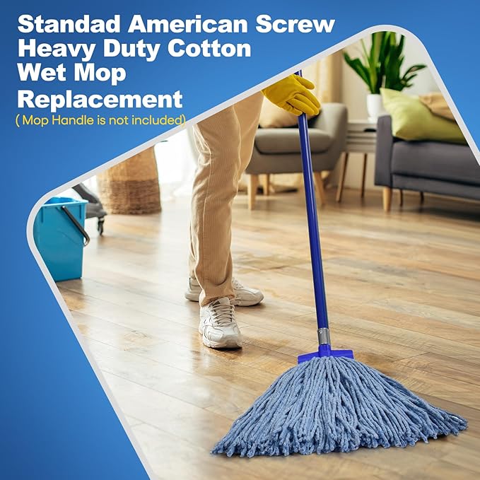 Matthew Cleaning Screw-on Heavy Duty Cotton Wet Mop Replacement Heads(Blue, Large,12 Pack) with 2 Pack Microfiber Cloth for Residential & Commercial Floor Cleaning Use- Fit Standard American Screw