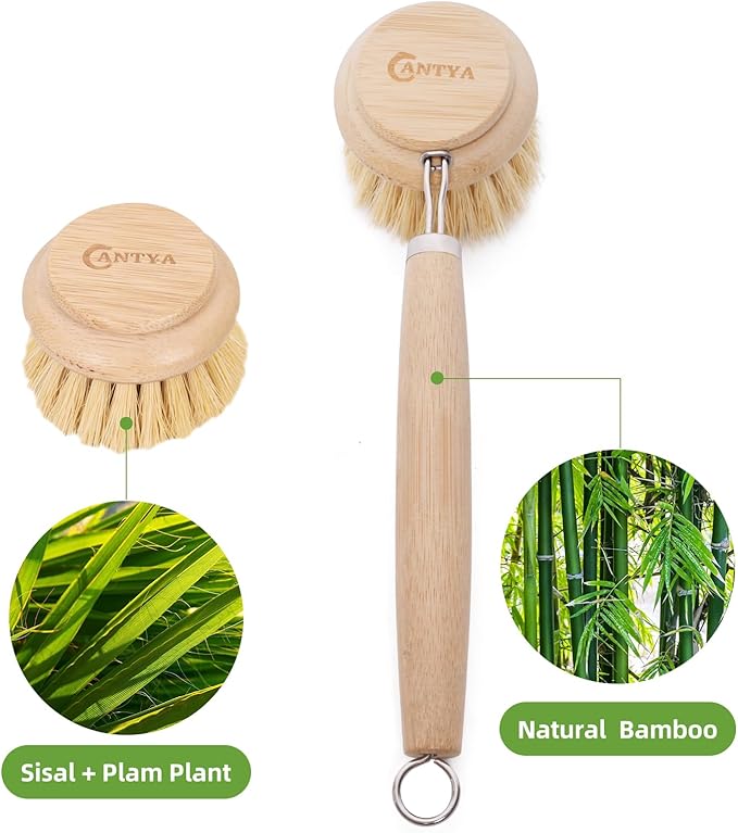 Eco-Friendly Kitchen Brush Set, Bamboo Dish Brush with Handle 3 Replacement Heads, Vegetable Scrubber Natural Sisal Fiber for Effective Cleaning Non-Stick Pans, Pots, Utensils