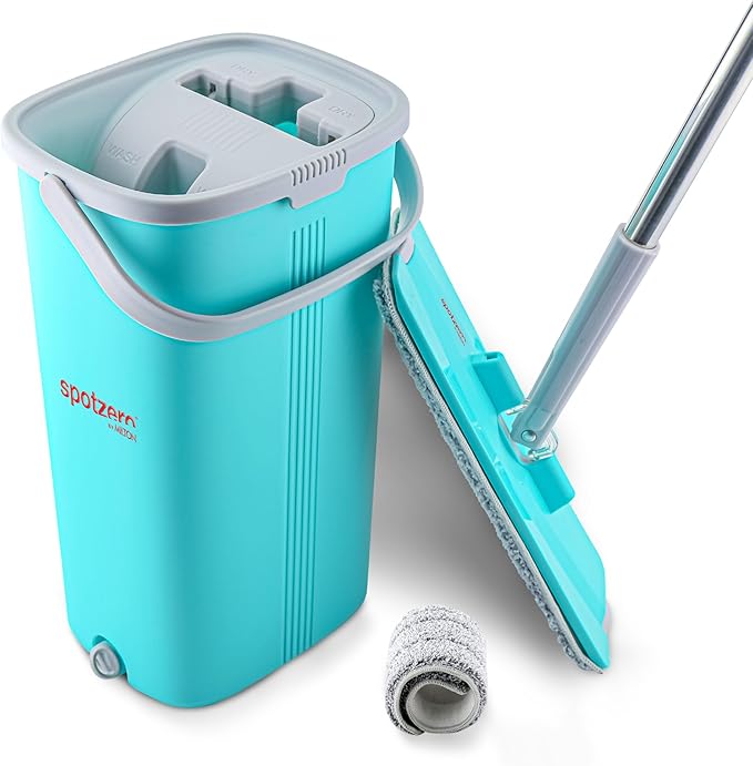 Spotzero by Milton Flat Mop and Bucket with Wringer Set, 5L – 360° Spin Mop for Floor and Wall Cleaning, Adjustable Handle, Easy Wring System, Includes 2 Reusable Microfiber Pads