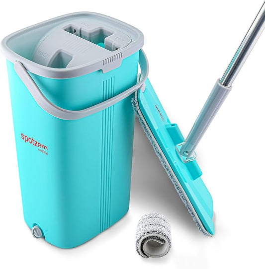 Spotzero by Milton Flat Mop and Bucket with Wringer Set, 5L – 360° Spin Mop for Floor and Wall Cleaning, Adjustable Handle, Easy Wring System, Includes 2 Reusable Microfiber Pads