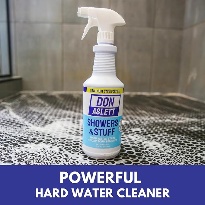 Don Aslett Showers and Stuff (32 Oz Spray Bottle, Pack of 2) Hard Water Stains and Soap Scum Remover | Cleans Bathroom Rust, Grout Tile Lines, Fiberglass Tub, Glass Shower Door Surfaces