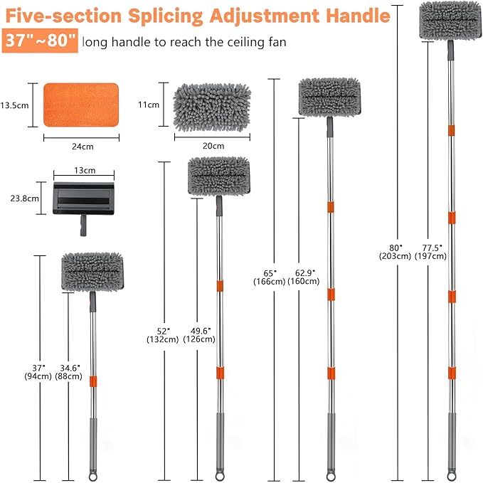 Ceiling Fan Cleaner Duster, Ceiling Fan Duster with 37"-80" Adjustable Length, Ceiling Fan Blade Cleaner Bidirectional 180° Rotation for Ceiling Fan, Window Walls Floor