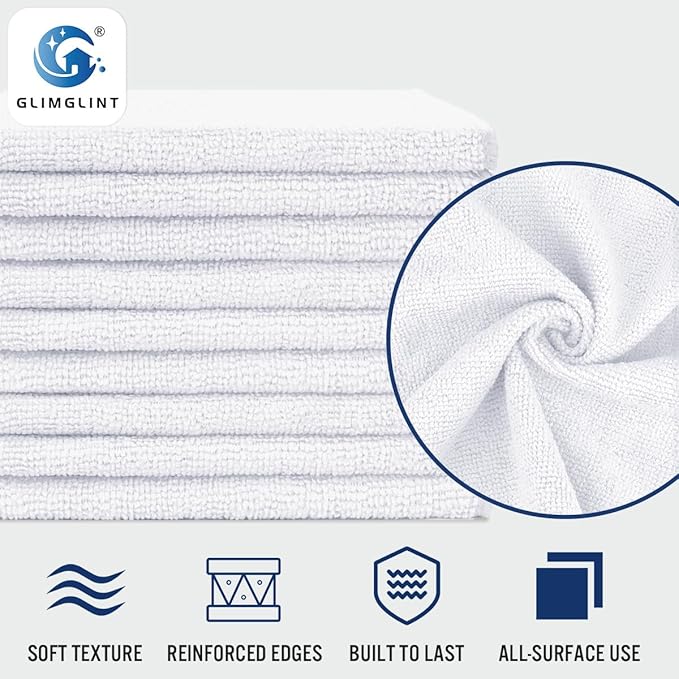 GLIMGLINT White Microfiber Cleaning Cloth, 150 Pack Microfiber Towels for Cars, Lint Free, Scratch-Free, Highly Absorbent, Reusable Cleaning Rags for Car, Household, Shop Towels 14"X12"