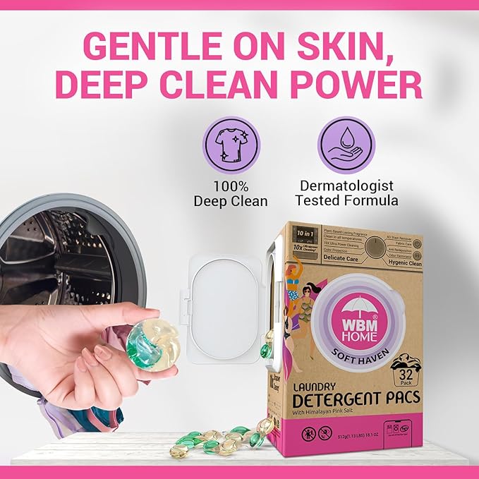 WBM Home Laundry Pods, Total 128 Count | Specially Designed for Undergarments With Soft Heaven Fragrance | Laundry Detergent Pods Formulated With Plant-Based Formula and Gentle Stain Remover