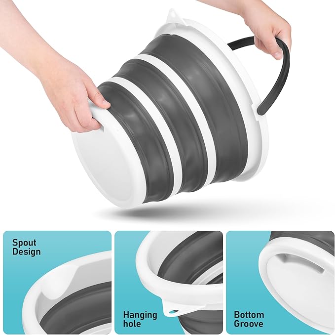 Superio Collapsible Bucket 2 Gallon Bucket with Handle Grey Car Wash Bucket Small Foldable Silicone Pail for Camping, Fishing, Cleaning, Mopping, 10 Liter