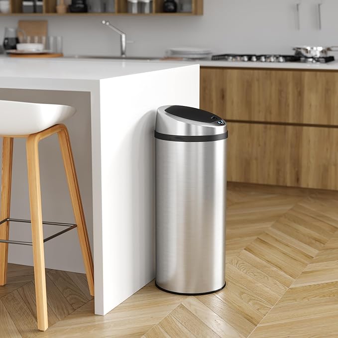 iTouchless 13 Gallon Sensor Garbage Can with Odor Control System, Stainless Steel, Round Touchless Automatic Trash Bin for Kitchen and Office
