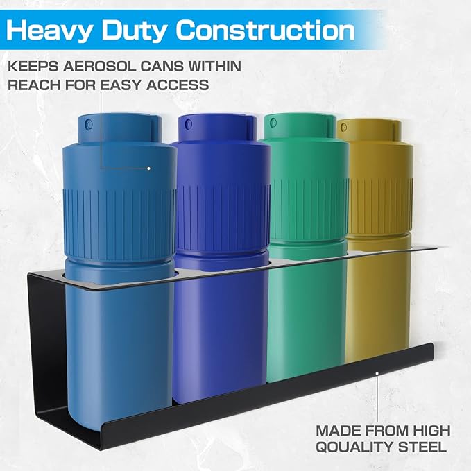 RealPlus Aerosol Spray Can Holder Rack Organizer, 4 Can Spray Bottle Holder Heavy-Duty Steel Wall Mounted for Garage and Workspace, Pack of 2