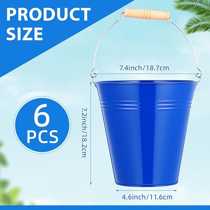 Zopeal 6 Pcs Large Metal Bucket Beer Bucket Galvanized Steel Pail with Handle for Gifts Basket Ice Candy Party(7.4 x 7.2 x 4.6 Inch,Dark Blue)